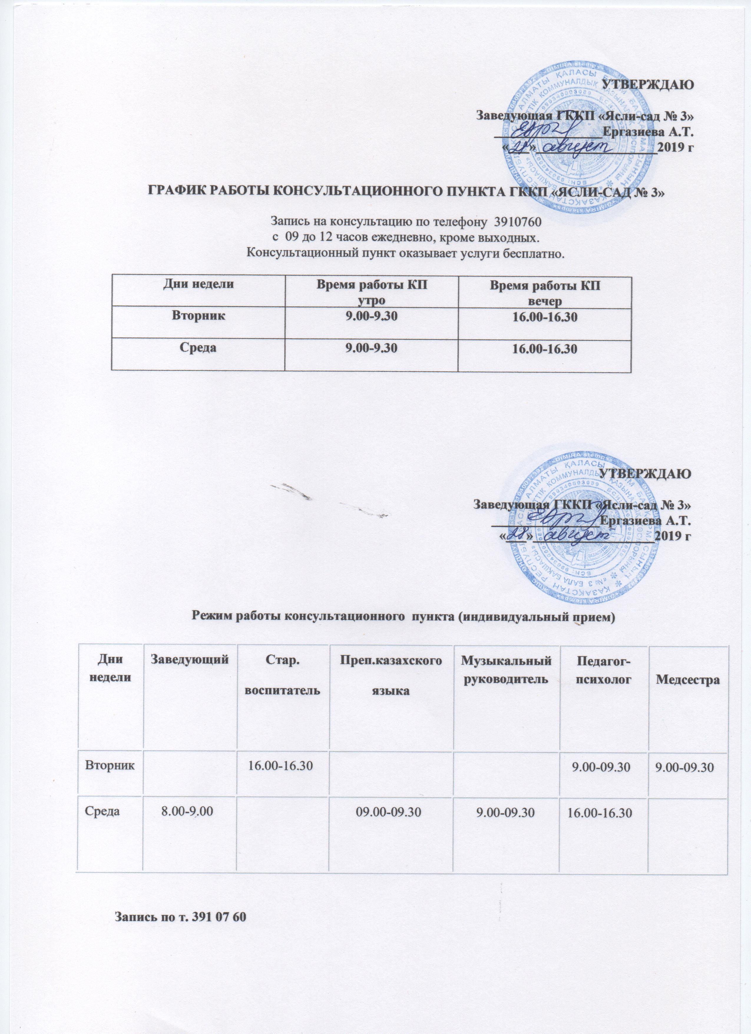 Алматы қаласы білім басқармасының "№3 бөбекжай-балабақшасы" МКҚК консультациялық пунктінің жұмыс жоспары. График работы консультационного пункта