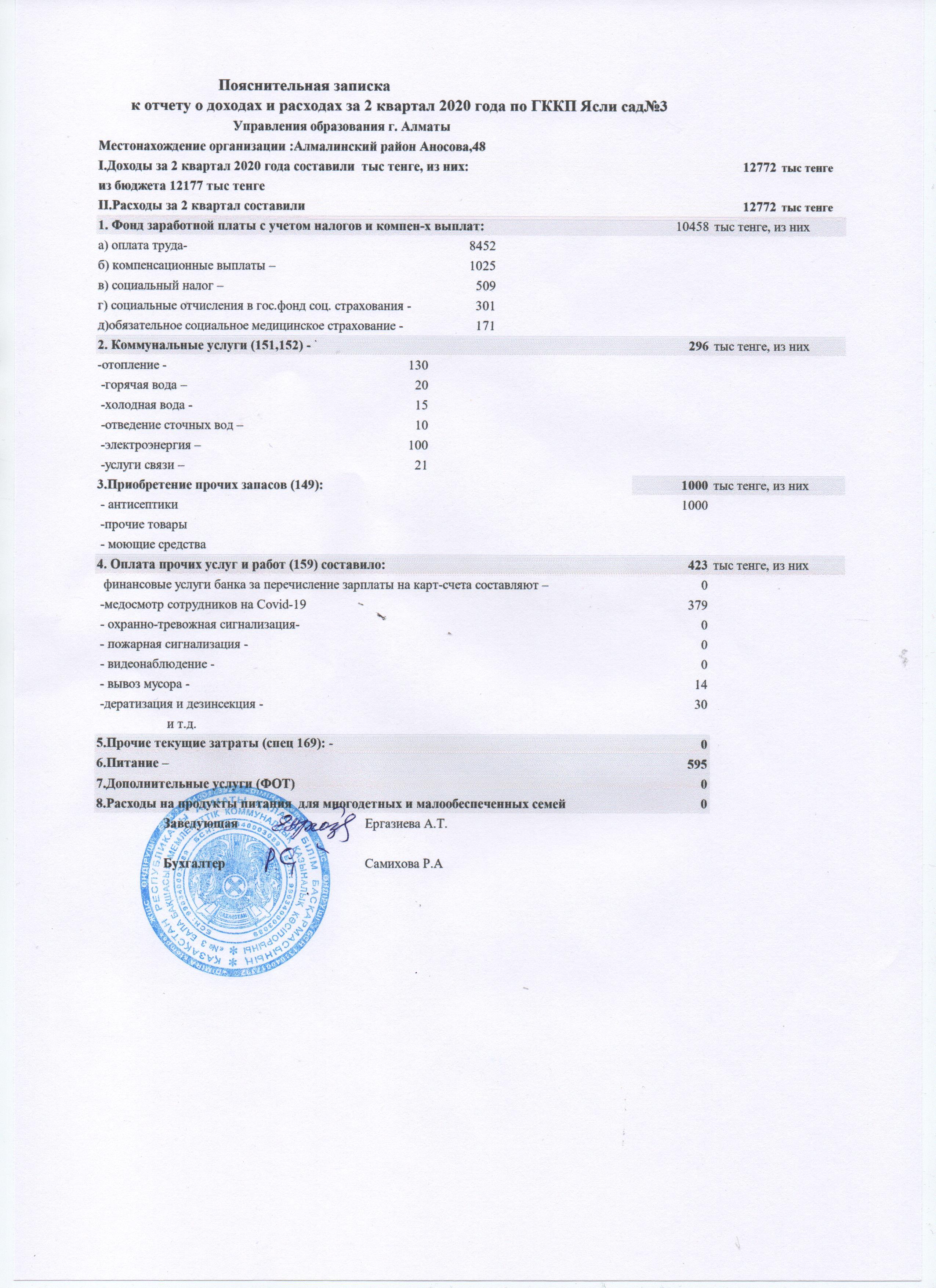 2020 жылғы 2 тоқсандағы кірістер мен шығыстар туралы есеп. Отчет о доходах и расходах за 2 квартал 2020 года