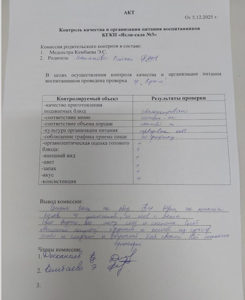 "Күнім" тобының ата-анасының Органолептикалық бағалауы